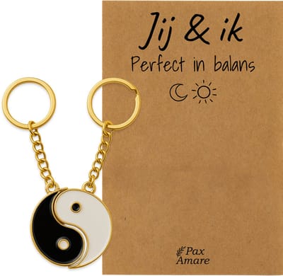 BFF Sleutelhanger voor 2 'Jij & ik, perfect in balans' - Magnetische Yin Yang - Sleutelhanger set op Cadeau Kaartje - Goudkleurig - Vriendschap Symbool - Pax Amare