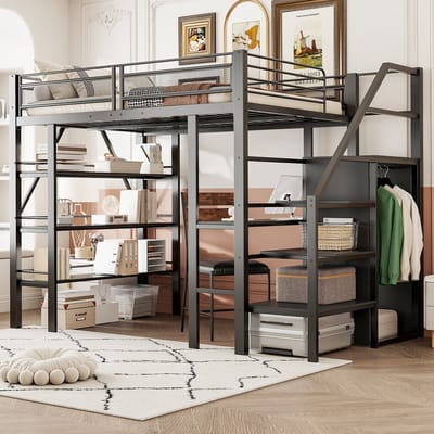 Sweiko Hoogslaper - 140*200cm - 3 opbergplanken - Bureau + kleerkast - IJzeren bed - Zwart