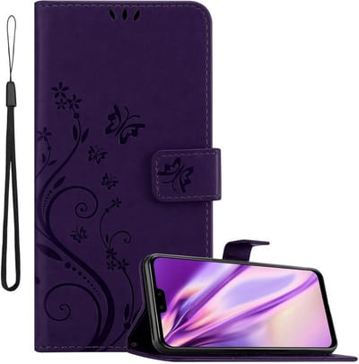 Cadorabo Hoesje geschikt voor Huawei Y9 2019 in BLOEMEN DONKER PAARS - Beschermhoes in bloemmotief met magnetische sluiting, standfunctie en kaartsleuven Book Case Cover Etui