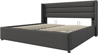 Opbergbed, gestoffeerd bed, hydraulisch tweepersoonsbed (160x200 cm), lattenbodem van hout, lattenbodem van metaal, linnen, grijs