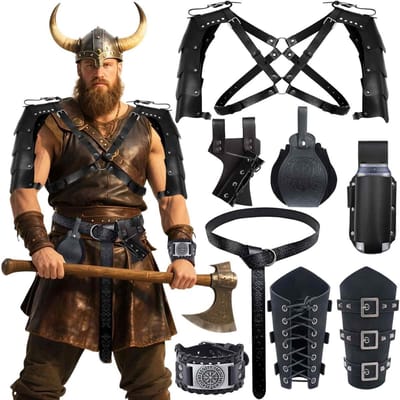 Viking Kostuum Set voor Mannen en Vrouwen, 7-delige Middeleeuwse Outfit met Riem, Arm Beschermers en Tas voor Halloween, Carnaval en Cosplay