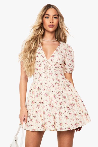boohoo Dames Ditsy Floral Pofmouw Melkmeisje Mini Jurk | Stone | Maat: 8