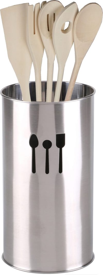 Urban Living Keukengerei kooklepels spatels set 5-delig - bamboe - in rvs houder van 10 x 18 cm - zilver