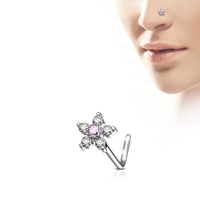 Neuspiercing L-bend flower 6top 0.8x6x6 - wit/roze - LMPiercings
