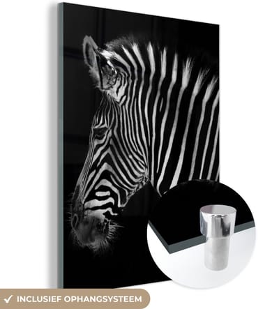 MuchoWow® Glasschilderij 120x160 cm - Schilderij acrylglas - Zebra - Wilde dieren - Zwart - Foto op glas - Schilderijen