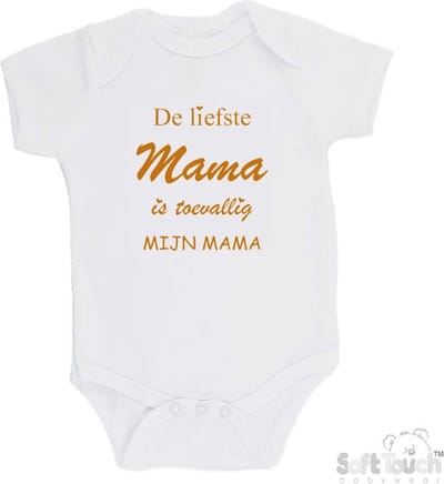 100% katoenen Romper "De liefste mama is toevallig mijn mama" Unisex Katoen Wit/tan Maat 62/68