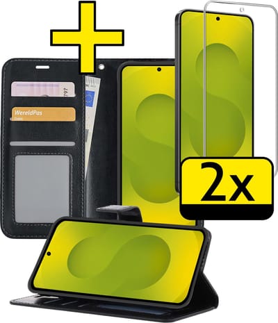 Hoesje - Met Screenprotector - Geschikt voor Samsung Galaxy S25 FE - Luxe Pasjeshouder - Bookcase Portemonee - Flip Case - Kunstleer Book Case - Flipcase - Book Cover - Walletcase - Portemonneehoes - Telefoonhoesjes - Zwart