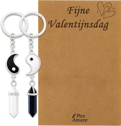 Koppel Sleutelhanger voor 2 'Fijne Valentijnsdag' - Yin Yang met Edelsteen - Sleutelhanger set op Cadeau Kaartje - Zilverkleurig - Vriendschap of Relatie Symbool - Pax Amare