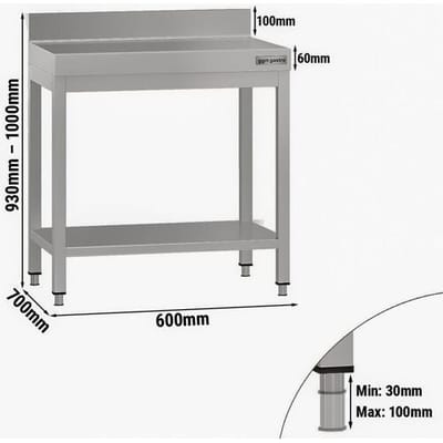 GGM Gastro Edelstahl Arbeitstisch ECO - 600x700mm - mit Grundboden & Aufkantung Zilver