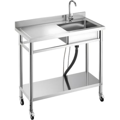 Évier utilitaire en acier inoxydable, Évier de cuisine commercial à un bac roulant avec roues, Robinet et tuyau d'eau chaude et froide, Plan de travail évier utilitaire pour