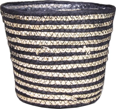 Bela Arte Plantenmand - rotan - zwart met naturel - 16 x 13 cm - plastic binnenkant
