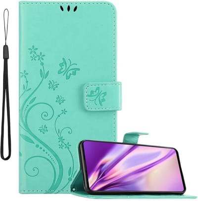 Cadorabo Hoesje geschikt voor Samsung Galaxy A51 4G / M40s in BLOEMEN TURKOOIS - Beschermhoes in bloemmotief met magnetische sluiting, standfunctie en kaartsleuven Book Case Cover Etui