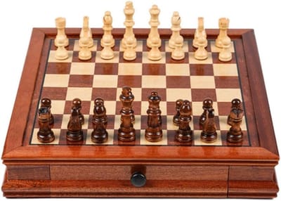 Massief houten schaakspel - Schaakbord met lades - Intelligentie stimuleren - Magnetische stukken - 41x41x8 cm - Houtkleurig