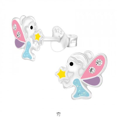 Zilveren kinderoorbellen - elfje - gekleurde vleugels - kristallen