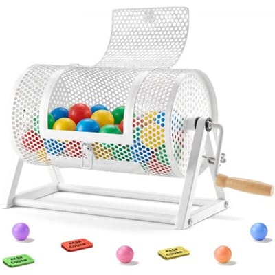 VEVOR Lottrommel, 295xø167mm, Lottrommel met Een Capaciteit van 2500 Loten of 100 Lotballen, Lottrommel met Slinger en Driehoekige Standaard, voor Evenementen en Feesten, Wit