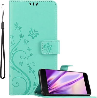 Cadorabo Hoesje geschikt voor OnePlus 5 in BLOEMEN TURKOOIS - Beschermhoes in bloemmotief met magnetische sluiting, standfunctie en kaartsleuven Book Case Cover Etui