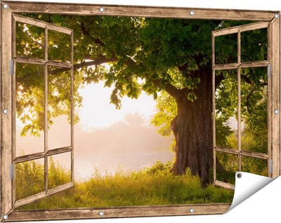 Gards Tuinposter Doorkijk Eikenboom aan het Water met Volle Bladeren - 120x80 cm - Tuindoek - Tuindecoratie - Wanddecoratie buiten - Tuinschilderij