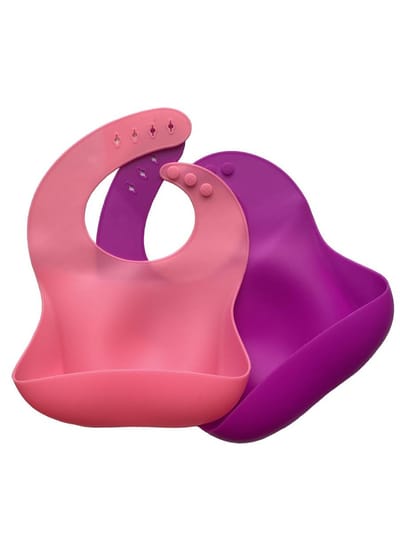 Slabbetje Baby met opvangbakje | Siliconen | Slabber | Verstelbaar |Duurzaam | Set van 2 kleuren (rose / paars)