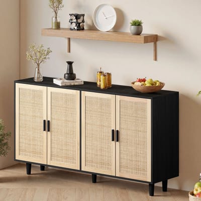 MODENUIT Opbergkast - 4 Rattan Deuren Met Verstelbare Plank - Voor Woonkamer En Slaapkamer - Zwart - 158x40x88 cm