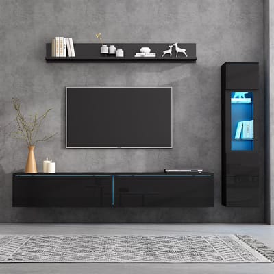 BLACKCOLORS 3-delige tv-wandmeubelset LED-verlichting Glanzend zwart Woonkamermeubelset Wandmeubelset voorzijde Zwart 1 x tv-meubel, 1 x vitrinekast, 1 x hangende plank, tv tot 80 inch
