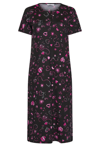 Yours Curve Zacht Zwart Nachthemd Met Hartprint En Knoopsluiting Size 40-42