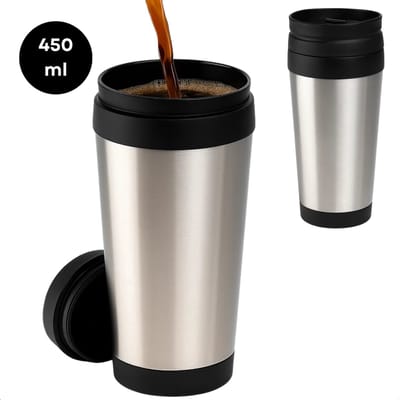 Lomera Drinkbeker Auto - Reisbeker - RVS Materiaal - 450 ML Inhoud - Zilver en Zwart - Koffie en Thee - Bekerhouder Auto - Koffiebeker To Go - Travel Mug - Draagbare Drinkbeker - Geschikt voor Warme en Koude Dranken