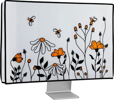 kwmobile beschermhoes monitor geschikt voor 20-22" Monitor - Computerscherm cover - Computer accessoires - PC scherm hoes in zwart / oranje / wit - Bloemen & bijen design