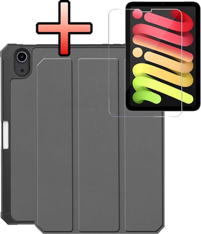 Hoes - Geschikt voor Apple iPad Mini 7 (2024) - 8.3 inch - 7e Generatie - Met Screenprotector - Trifold Bookcase - Hard Cover Case - Met Uitsparing Geschikt voor Apple Pencil - Hardcover Book - Tablet Hoesje - Grijs