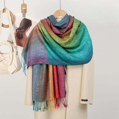 Macaron Kleurrijke Winter Pashmina Sjaal Dikke Paisley Jacquard Sjaal Dames Reis Winddicht Moslim Hijab Wikkel Kwast Poncho 70X180cm blue
