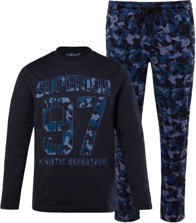 Men Plus - Heren - Pyjama tweedelig longsleeve camouflagebroek Modern Fit - Navy blauw - Maat L