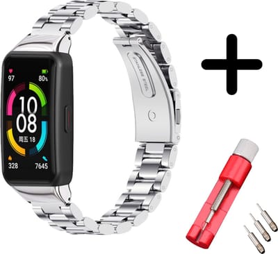 Strap-it Stalen schakel bandje - geschikt voor Huawei Band 6 / Honor Band 6 - zilver + inkort toolkit