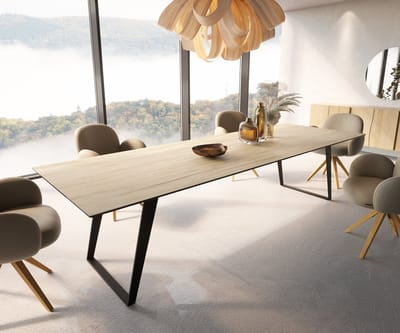 Eetkamertafel Edge keramiek Laminam® Sabbia eiken kleur 300x100 metaal schuin zwart