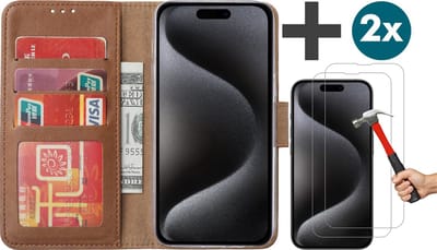 Hoesje met 2 Stuks Screenprotectors Geschikt voor iPhone 15 Pro – Arara bookcase met pasjeshouder - Bruin