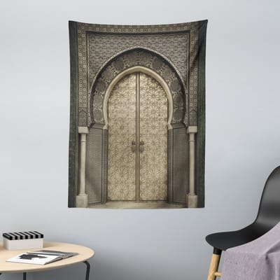 ABAKUHAUS Marokkaans wandtapijt en sprei, geometrische 'Aged Gate'-stijl, 110 x 150 cm, sepia zwart