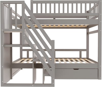 Stapelbed massief hout - Kinderbed 90x200 - Jeugdbed - Bed met lades - Met trap - Opbergruimte - Veiligheidshek - Lattenbodem - Kinderkamer - 205x95x173 cm - 2 personen - Grijs