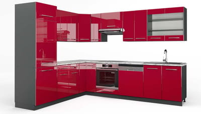 Vicco Hoekkeuken Fame-Line, Bordeauxrode hoogglans/Antraciet, 287 x 227 cm, WB Marmer