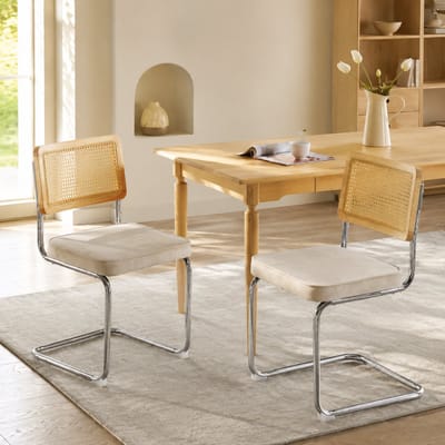 Eetkamerstoelen - Set Van 2 - Eettafelstoel - Gestoffeerde eetkamerstoel - Eetkamerstoelen - Met rugleuning - Rieten rugleuning - Fluweel - Metalen stoelpoten - Middeleeuwse Stijl - Beige