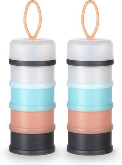 Baby melkpoederdispenser, 2 stuks draagbare 4 lagen 120 ml per laag doorschijnende compartimenten, kinderen baby bewaardoos stapelbare potten, snack bewaardoos, grijs & roze & blauw