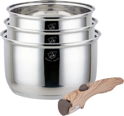 Royal Swiss® Steelpan Set – 3-delig – RVS Sauspannen – Afneembare Handgreep – Inductie Geschikt – 1.9L / 2.6L / 3.6L