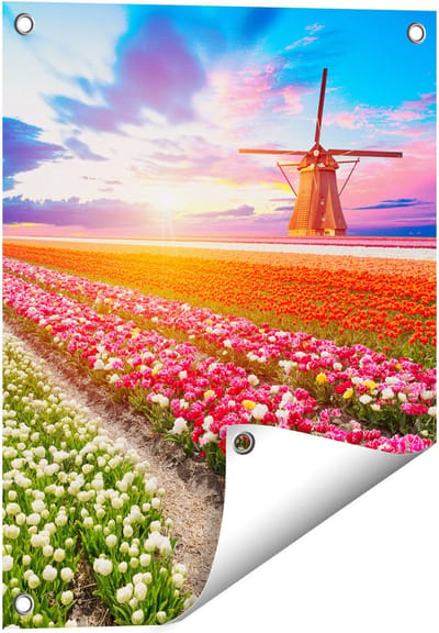 Gards Tuinposter Kleurrijke Bloemenveld met een Windmolen - 40x50 cm - Tuindoek - Tuindecoratie - Wanddecoratie buiten - Tuinschilderij