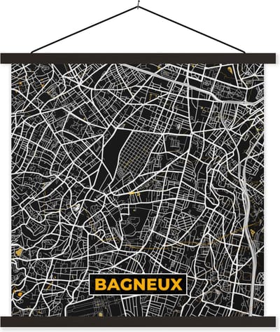 Posterhanger incl. Poster 60x60 cm - Schoolplaat - Frankrijk - Stadskaart - Bagneux - Plattegrond - Kaart - Textielposter - Zwarte latten - Stadskaart