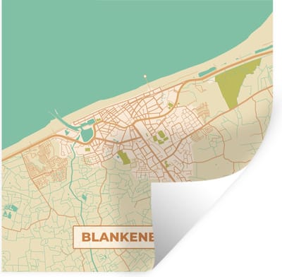 Muurstickers - Sticker Folie - Blankenberge - Plattegrond - Vintage - Stadskaart - Kaart - 100x100 cm - Plakfolie - Muurstickers Kinderkamer - Zelfklevend Behang XXL - Zelfklevend behangpapier - Stickerfolie