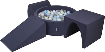 KiddyMoon schuimspeelplaats met rond ballenbad (300 ballen) ballenbakken voor baby's speelbad hindernisbanen, made in the eu, donkerblauw:pearl/grijs/transparant/babyblauw/minze