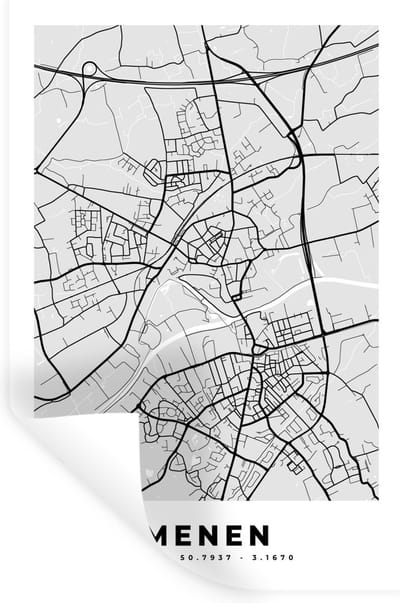Muurstickers - Sticker Folie - Stadskaart – Zwart Wit - Kaart – Menen – België – Plattegrond - 20x30 cm - Plakfolie - Muurstickers Kinderkamer - Zelfklevend Behang - Zelfklevend behangpapier - Stickerfolie