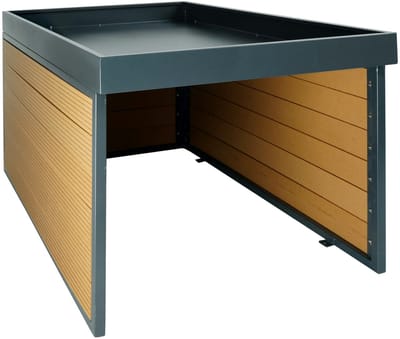 XL robotmaaier garage met plantenbak MCW-L45, overkapping voor grasmaaiers, WPC metaal 47x70x94cm ~ eiken look