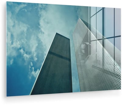 ® Glasschilderij 180x120 cm - Schilderij acrylglas - Onderaanzicht van de torens van het World trade center in New York - Foto op glas - Muurdecoratie woonkamer - Wanddecoratie slaapkamer - Schilderijen