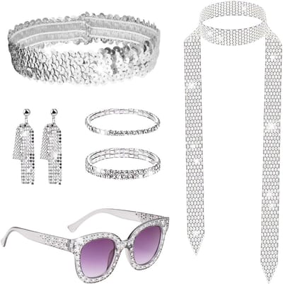 Disco Accessoires Set met Glimmende Hoofdband, Zonnebril, Sjaal en Sieraden voor 70s en 80s Feestjes en Halloween Kostuums