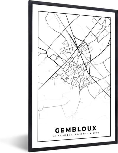Fotolijst incl. Poster Zwart Wit- Kaart – Plattegrond – Stadskaart – Gembloux – België – Zwart Wit - 40x60 cm - Posterlijst