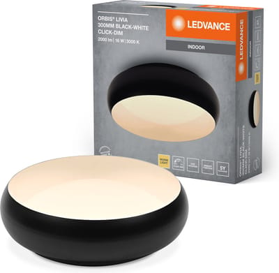 LEDVANCE ORBIS Livia LED plafondlamp met metalen ring, zwart en wit, 16W, 1000lm, 3000K, 300mm, 830 vriendelijk warm wit, dimbaar in 3 niveaus door te klikken, IP20, inclusief montageschroeven en pluggen