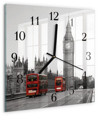 Tulup Wandklok - Londen Gekleurde Glazen Klok - 30x30 cm - Rood Glazen Klok Met Print - Zwarte Handen - Vierkante Wandklok - Glazen Wandklok Design - Klok Glas Met Opdruk